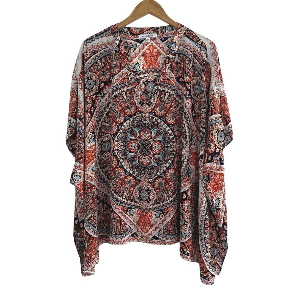 Rose‎ & Olive Poncho Top Womens 1X/2X Bohemian Orange Mandala Floral Festival